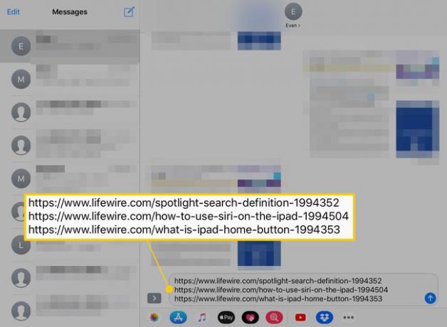 Colocar uma pilha de links do Safari em Mensagens em um iPad