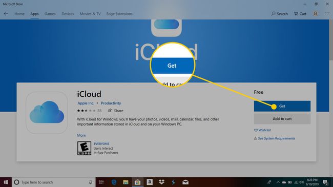 Get 버튼이 강조 표시된 Microsoft Store의 iCloud 페이지