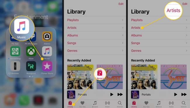 A seção Artistas na guia Biblioteca do Apple Music