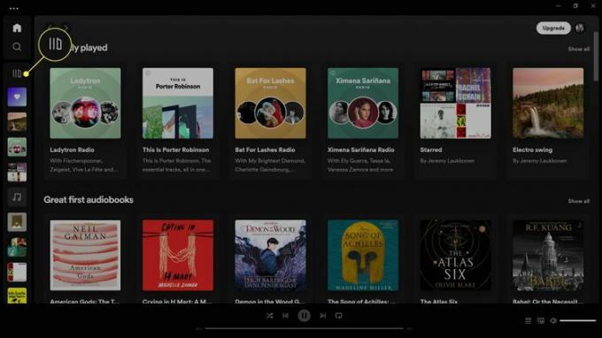 L'icône Développer votre bibliothèque est mise en surbrillance en haut de la barre latérale réduite de Votre bibliothèque dans Spotify.