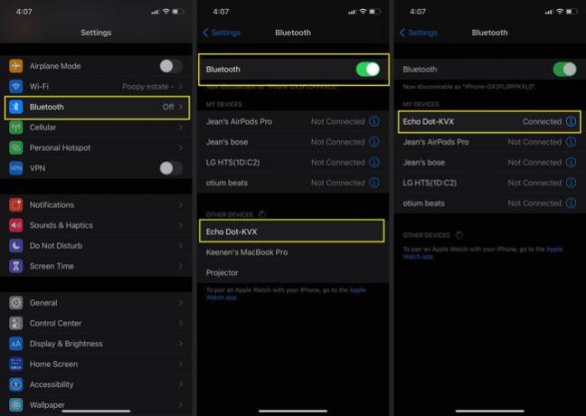 Par en Echo Dot til en enhed via Bluetooth på en iPhone med Bluetooth-indstillinger, Bluetooth slå til, og Echo Device tilsluttet fremhævet