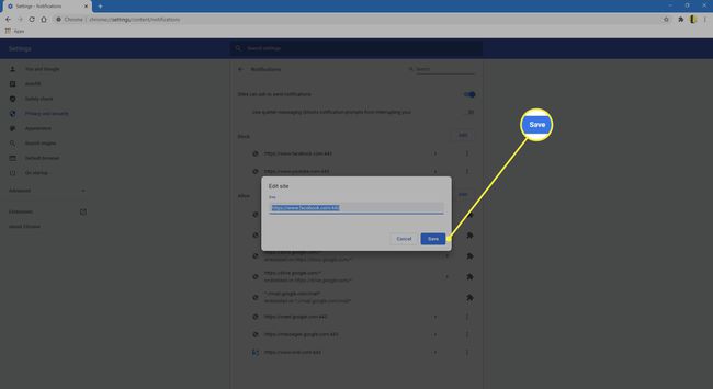 Pantalla de edición de URL del sitio de Chrome en la configuración de notificaciones