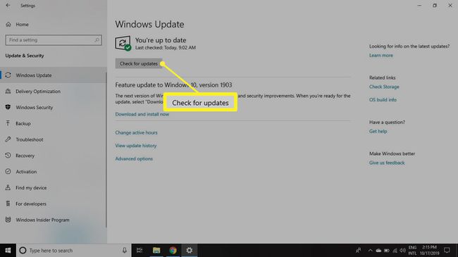 Windows Update'te Güncellemeleri Denetle düğmesi
