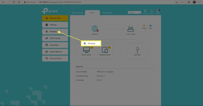 Inalámbrico en el menú de la izquierda de un portal de enrutador.