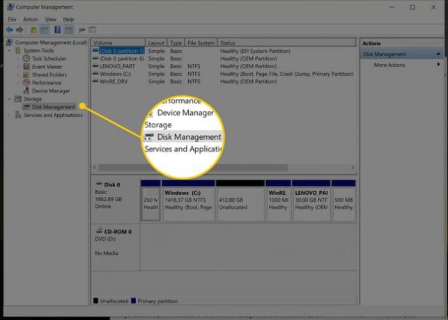 Windows 10'da Bilgisayar Yönetimi panelindeki Disk Yönetimi sekmesi