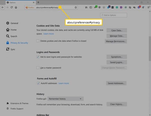 Firefox con el comando de privacidad resaltado