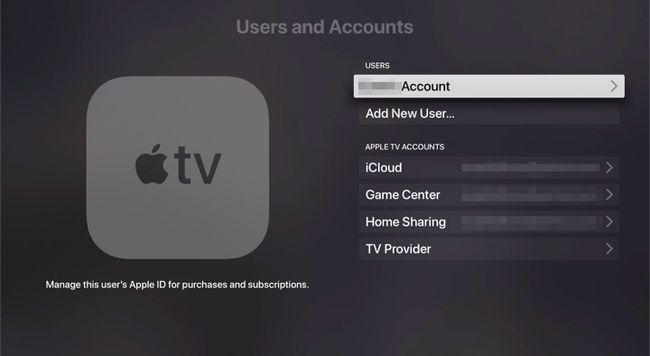 Usuarios y cuentas en la configuración de Apple TV.