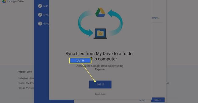 ปุ่ม Got It ในหน้า Sync Files ของการตั้งค่าแอป Google Drive Backup and Sync