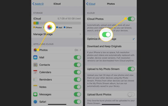 Configurações do iCloud com a seção de fotos destacada