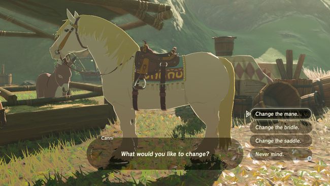 Hevosen harjan, suitsien ja satulan vaihtaminen Zelda: Breath of the Wild -pelissä.