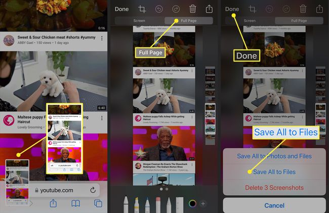 iPhoneのスクリーンショットのプレビュー、[フルページ]タブ、[すべてファイルに保存]を強調表示して完了