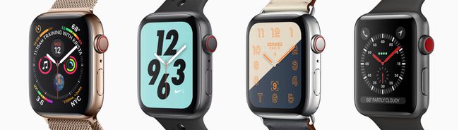 Neli Apple Watchi mudelit, erineva kella sihverplaadi kujundusega