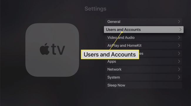 В настройках Apple TV отображается параметр " Пользователи и учетные записи"
