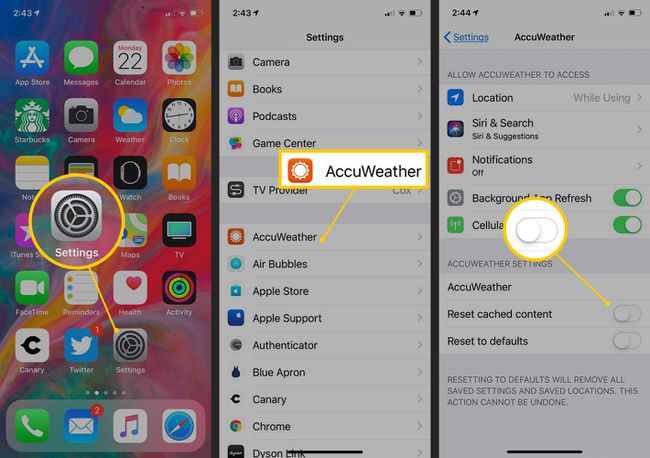 設定アイコン、AcuWeather、および切り替えてiOSでキャッシュされたコンテンツをリセットします