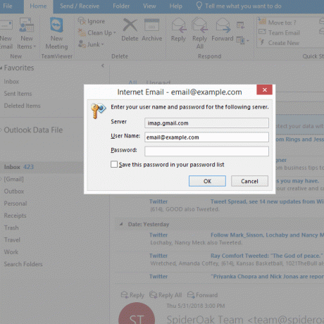 Skærmbillede, der viser, at Outlook glemmer en adgangskode