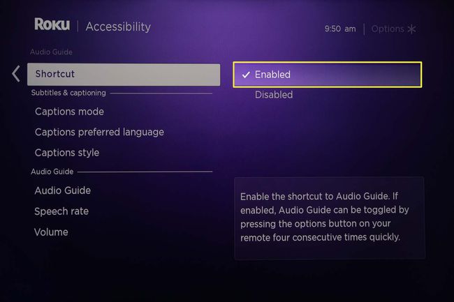 „Roku Audio Guide“ spartusis mygtukas nustatytas kaip įjungtas iš prieinamumo meniu.