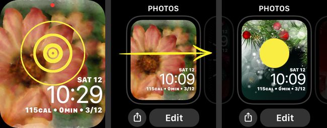 Apple Watch'ta yeni bir yüzün nasıl seçileceğini gösteren ekran görüntüleri.
