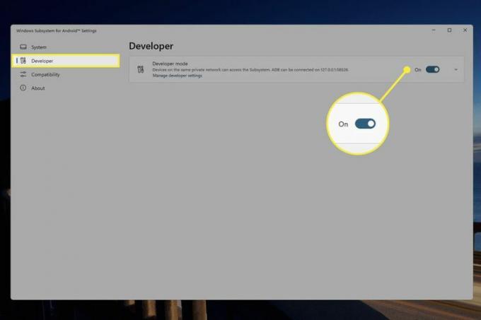 Przełącznik podsystemu Windows w trybie programisty wyróżniony dla systemu Android.