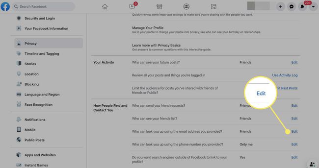 Редактирайте до „Кой може да ви търси чрез предоставения от вас имейл адрес“ във Facebook
