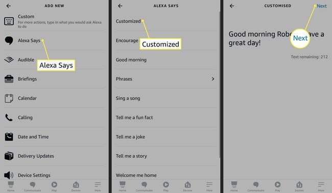 Alexa Says, Customized ja Next korostettuna Alexa-sovelluksessa