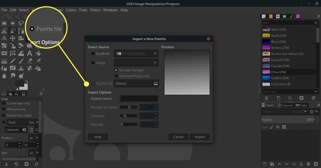 Ein Screenshot des Fensters „Eine neue Palette importieren“ von GIMP mit hervorgehobener Option „Palettendatei“