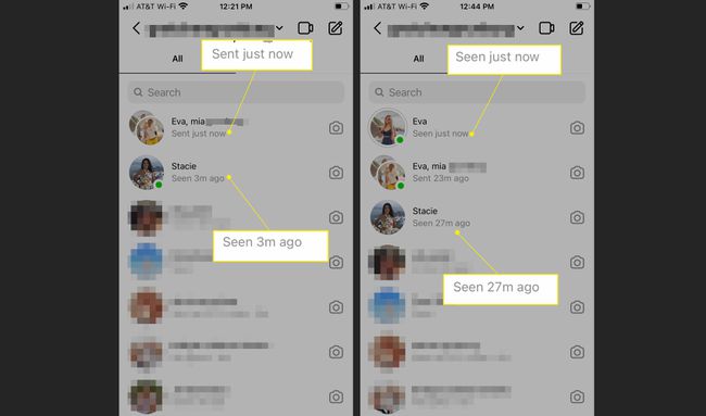 Direkte meddelelser på Instagram med afsendte og sete tidspunkter fremhævet
