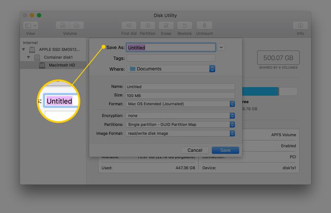 Cuplikan layar jendela Utilitas Disk yang menyoroti bidang Simpan Sebagai: