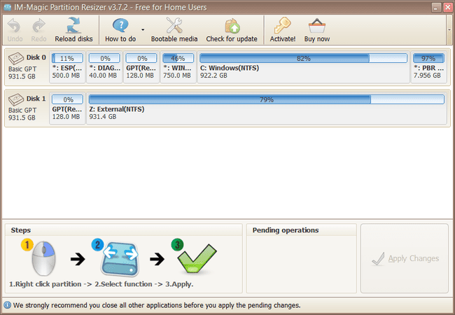 Seznamy disků v IM-Magic Partition Resizer