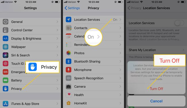 Telas de configurações, privacidade e serviços de localização no iPhone