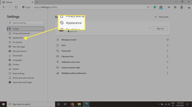 Configuración en Edge con el encabezado Apariencia resaltado