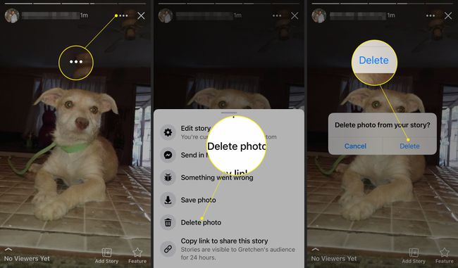 История във Facebook в мобилното приложение с откроени Меню (три точки), Изтриване на снимка и Изтриване