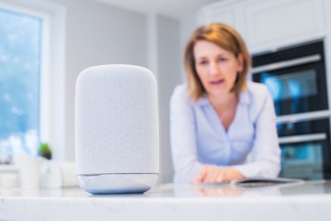 Köögis taustal udune naine, kes küsib Google Home'ilt kalendriteavet