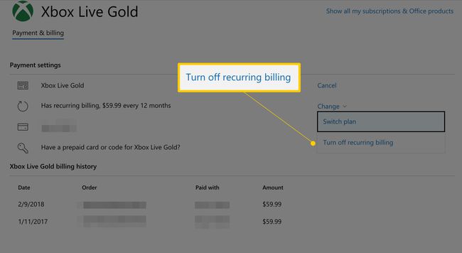 Désactiver le lien de facturation récurrente sur la page Web des paramètres de paiement Xbox Live Gold