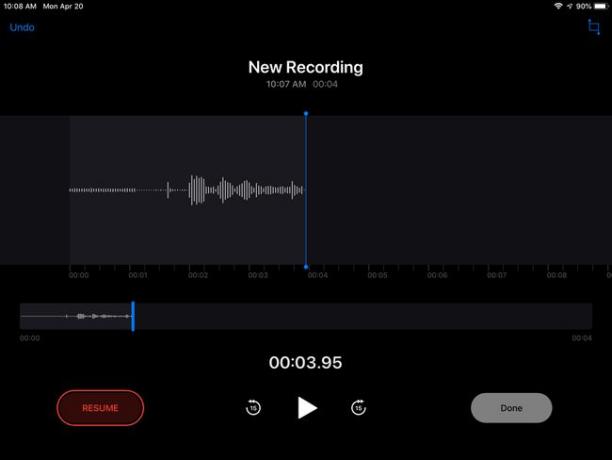 شاشة تسجيل تطبيق Voice Memos على iPad