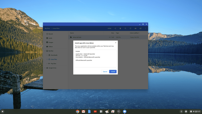 Snímek obrazovky instalace Linuxu (Beta) na Chromebook