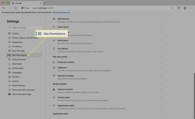 El encabezado Permisos del sitio en Configuración de borde