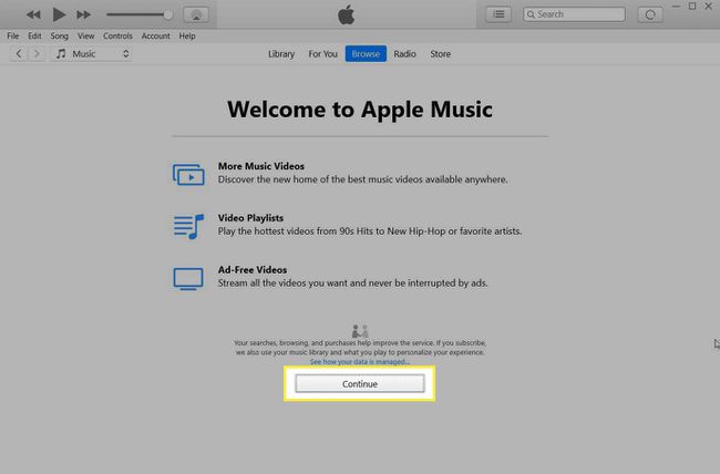 ปุ่มดำเนินการต่อที่ไฮไลต์บนหน้าจออินโทรยินดีต้อนรับสู่ Apple Music