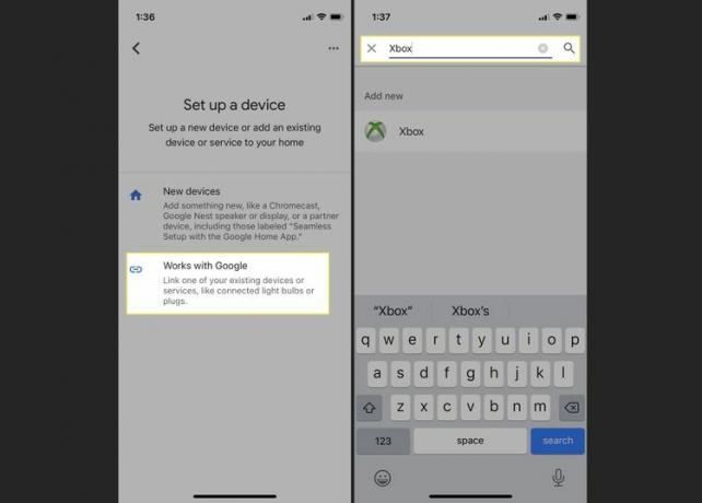 Aplicativo Google Home com Works With Google e Xbox no campo de pesquisa realçado