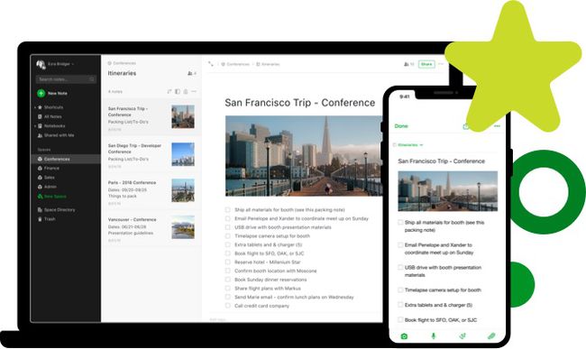 Evernote auf Telefon und Computer mit geöffneten San Francisco-Notizen