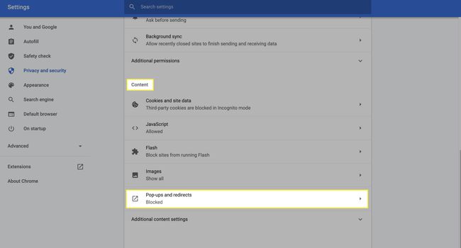 Menú de configuración de contenido para ajustar ventanas emergentes y redireccionamientos.