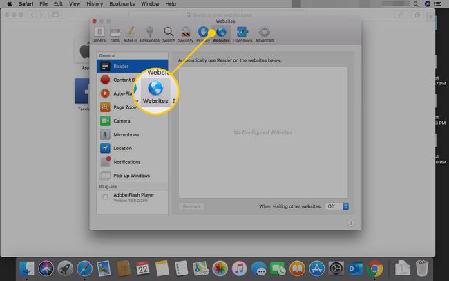 Preferencias de Safari con la pestaña Sitios web resaltada