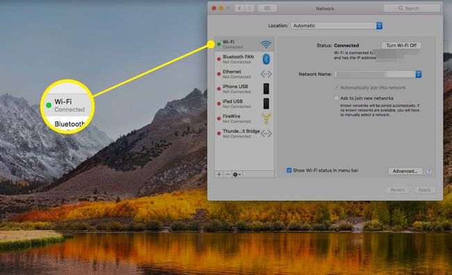 Подешавања мацОС мреже са истакнутим Ви-Фи панелом