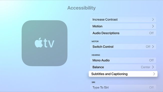 ภาพหน้าจอของการตั้งค่า Apple TV โดยเลือกเมนูคำบรรยายและคำบรรยาย