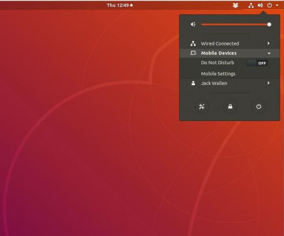 Mobiele instellingenoptie in het GNOME-systeemvak.