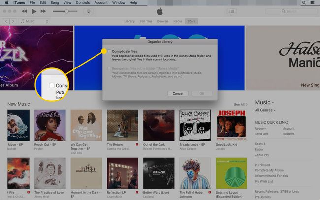 [ファイルの統合]ボックスを強調表示した状態で、iTunesの[ライブラリを整理]ウィンドウを整理します