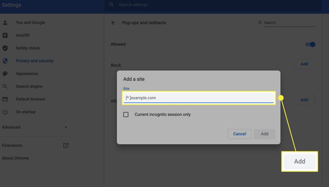 Agregue un cuadro de sitio para bloquear ventanas emergentes de ciertos sitios.