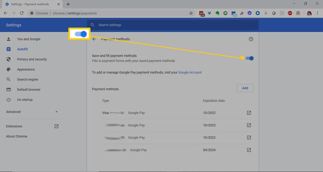 Alternar entre guardar y completar los métodos de pago en Chrome.