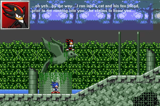 Snímka obrazovky Sonic a Shadow the Hedgehogs pretekajú po krajine...