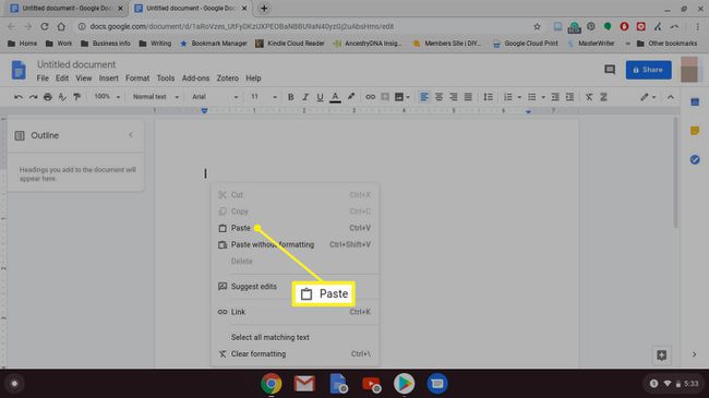 Desnom tipkom miša kliknite izbornik s istaknutim Zalijepi na Chromebooku