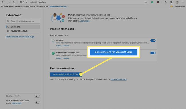 Para agregar una nueva extensión de Edge, seleccione Obtener extensiones para Microsoft Edge.